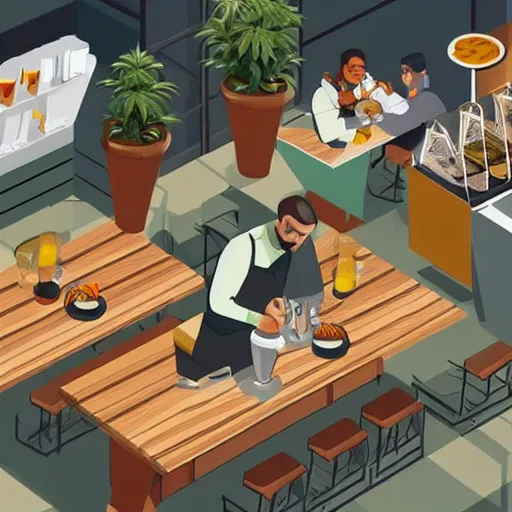Image similar to barista at customers table : cafe serves cannabis cake for the first time in australia, isometric illustration fun, render in pixar, by darwyn cooke