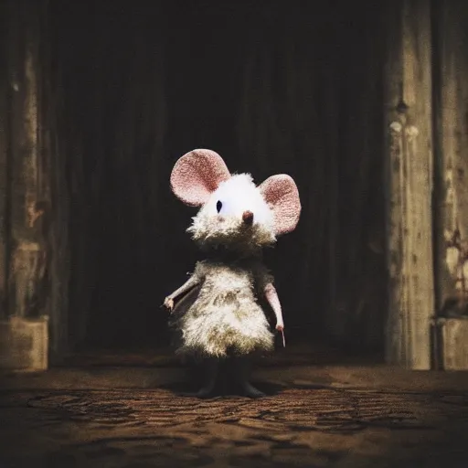 Image similar to fluffal mouse inside creepy scary nightmare atmosphere, realsitic