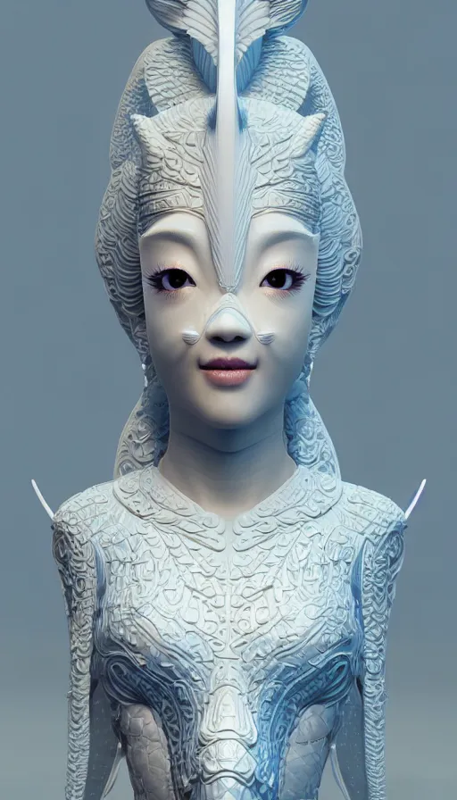 Image similar to 3 d goddess close - up profile portrait. beautiful intricate highly detailed korean gumiho mask and traditional hanbok. stingray magpie, bio luminescent, plasma, ice, water, wind, creature, artwork by tooth wu and wlop and beeple and greg rutkowski, octane 3 d render