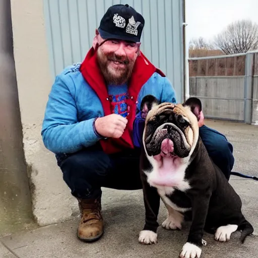 Prompt: a homless man holding an english bulldog wearing a crown