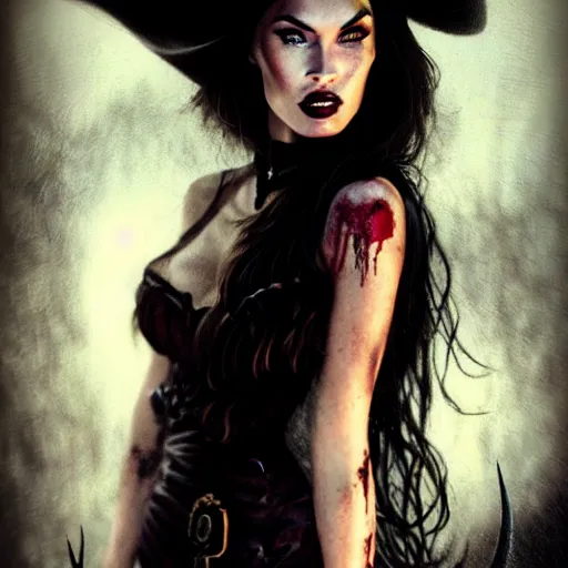 Image similar to megan fox witch queen, black eyes, blood, full body, intricate victorian dress, cinematic lighting, symmetrical eyes, rafael albuquerque, charlie bowater, frank frazetta, moody lighting, candles