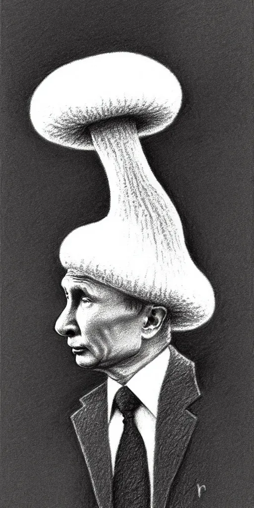 Image similar to vladimir putin with a mushroom cloud hat, cartoonish, ultra detailed pencil drawing