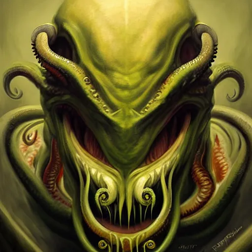 Image similar to Facial portrait cthulhu, looking at the camera, slight evil smile, lips wide parted, mouth wide open, sharp teeth visible, fear inspiring, intimidating, extremely detailed painting by Greg Rutkowski and by Henry Justice Ford and by Steve Henderson