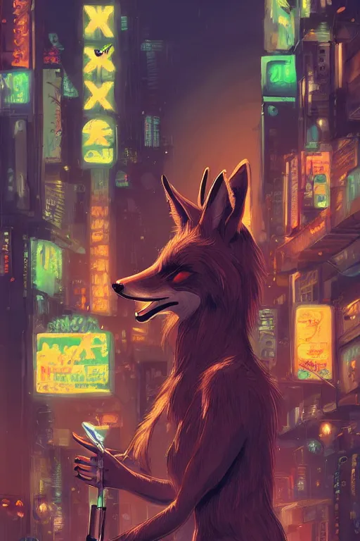 Image similar to beautiful portrait of a tall female anthro fox smoking a cigarette in a bustling crowd of a rainy city street, cyberpunk, harsh neon lights, highly detailed, sharp focus, digital painting, illustration, trending on artstation, art by sakimichan, artgerm
