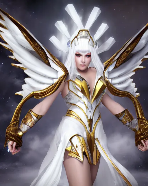 Image similar to perfect white haired egyptian goddess wearing white dove wings, warframe armor, regal, attractive, ornate, sultry, beautiful, ice queen, half asian, pretty face, blue eyes, detailed, scifi platform, 4 k, ultra realistic, epic lighting, illuminated, cinematic, masterpiece, art by akihito tsukushi, voidstar