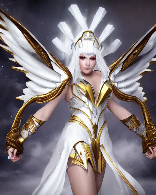 Prompt: perfect white haired egyptian goddess wearing white dove wings, warframe armor, regal, attractive, ornate, sultry, beautiful, ice queen, half asian, pretty face, blue eyes, detailed, scifi platform, 4 k, ultra realistic, epic lighting, illuminated, cinematic, masterpiece, art by akihito tsukushi, voidstar