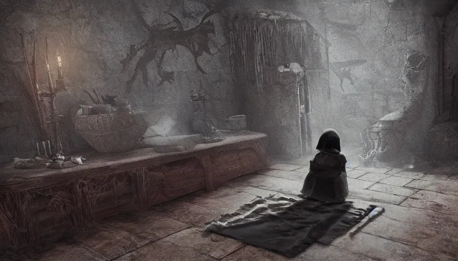 Image similar to in the long past, a alone child, alone in the darside, cold place, mother of witchers, shaodws coming, spirits in the dark, real atmosphere, old home decor