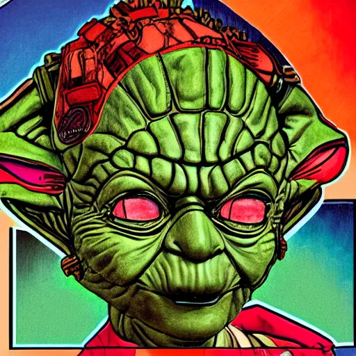 Prompt: a detailed portrait of a fashionable cybernetic yoda wearing a cybergrunge adidas outfit the style of william blake and norman rockwell, kubrick, rembrandt, junji ito undertones, crisp, vibrant color scheme, crisp, artstationhd