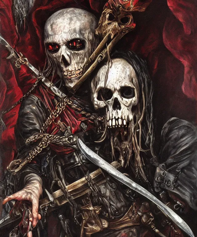 Prompt: ultra realistic color portrait painting of an undead 1 7 th century pirate with a sword in a grotto, dark, painted, brooding, atmospheric, seascape, horror, smooth, epic, highly detailed, cinematic, by clyde caldwell