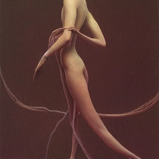 Image similar to clothed woman with tentacles as appendages, painting by Zdzislaw Beksinski and Marat Safin