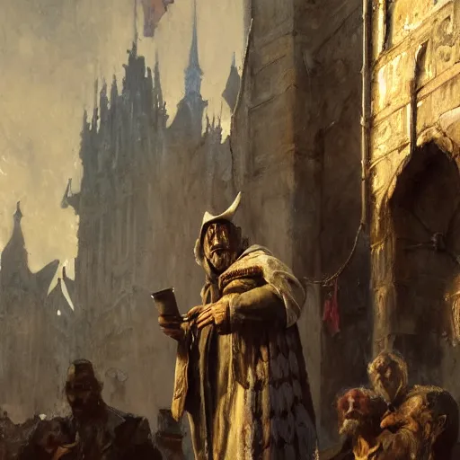 Image similar to a demonic old man stands in the middle of a medieval street and turns into something terrible, close - up, painting by gaston bussiere, craig mullins, j. c. leyendecker, 4 k, 8 k, trending on artstation, artstationhd, artstationhq, highest detail