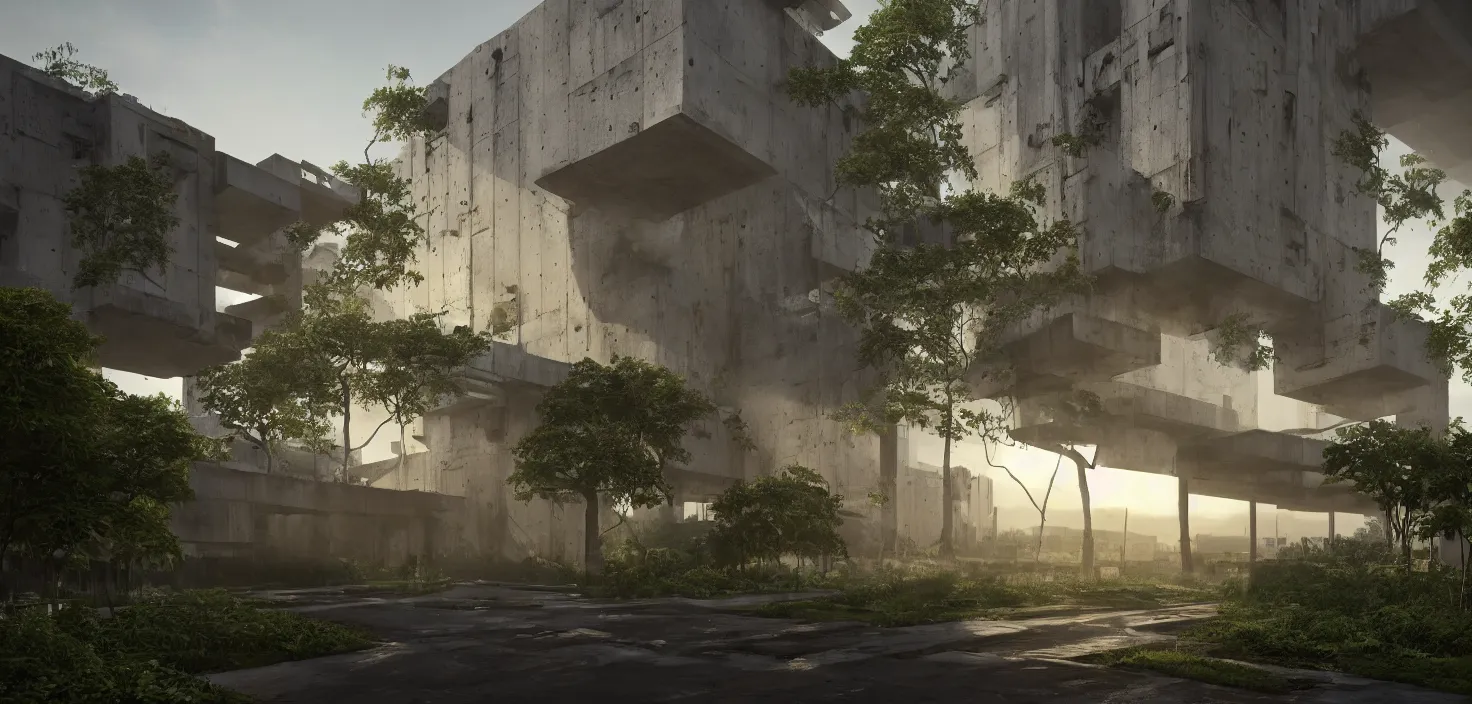 Image similar to simple brutalist architecture, surrounded by lush green vegetation, stunning volumetric lighting, sunset, metal, concrete, translucent material, stunning skies, 8k, photorealistic, hyper detailed, unreal engine 5, IMAX quality, cinematic, epic lighting, digital painting in the style of DOOM, by Greg Rutkowski, trending on Artstation