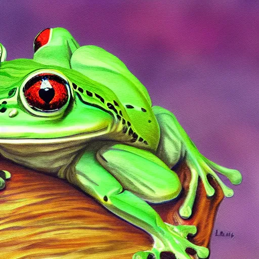 Prompt: cute frog covered in long fluffy fur, detailed painting 4 k