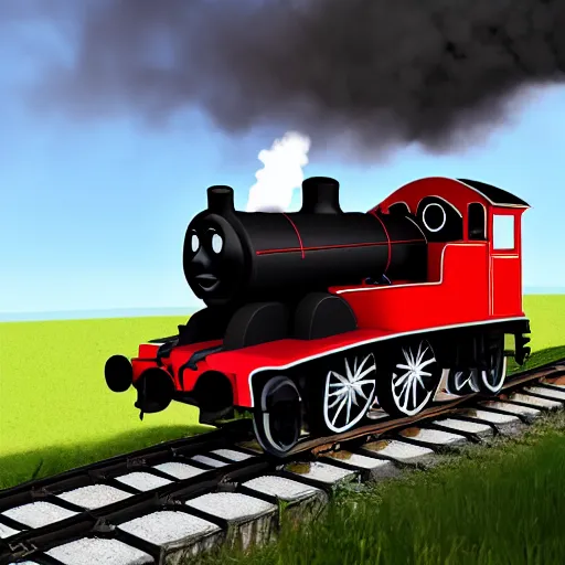 Image similar to photo realistic black and red thomas the tank engine with a white face going fast