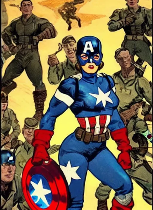 Image similar to beautiful 🦸🏾♀ female captain america standing on a pile of defeated, beaten and broken german soldiers. feminist captain america wins wwii. american wwii propaganda poster by james gurney. gorgeous face. overwatch