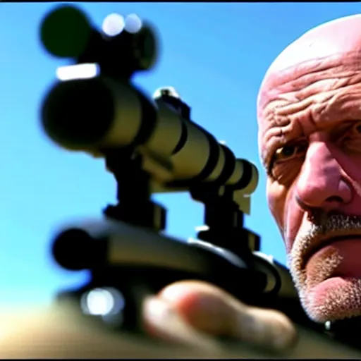 Image similar to Film Still of Mike Ehrmantraut aiming a sniper rifle in a new Breaking bad movie, 8k, highly detailed, centered