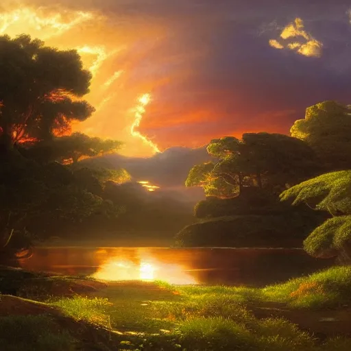 Image similar to a sunset by frederick waugh, cinematic angle, studio Ghibli and Thomas Cole vibe, bold, beautiful composition, intricate, digital art, detailed oil painting, hyperrealistic, sharp focus, 8k