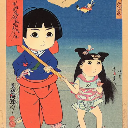 Image similar to real girl dora the explorer and boot the monkey ukiyo-e highly detailed