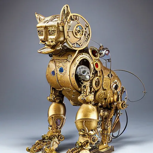 Image similar to beautiful sculpture of an ornate mechanical robot cat, by annie swynnerton and diego rivera and nicholas roerich and jean delville, symbolist, dramatic lighting, god rays, elaborate geometric ornament, art brut, colors are soft greens and blues and purple, smooth, sharp focus, extremely detailed, adolf wolfli and ( donato giancola )