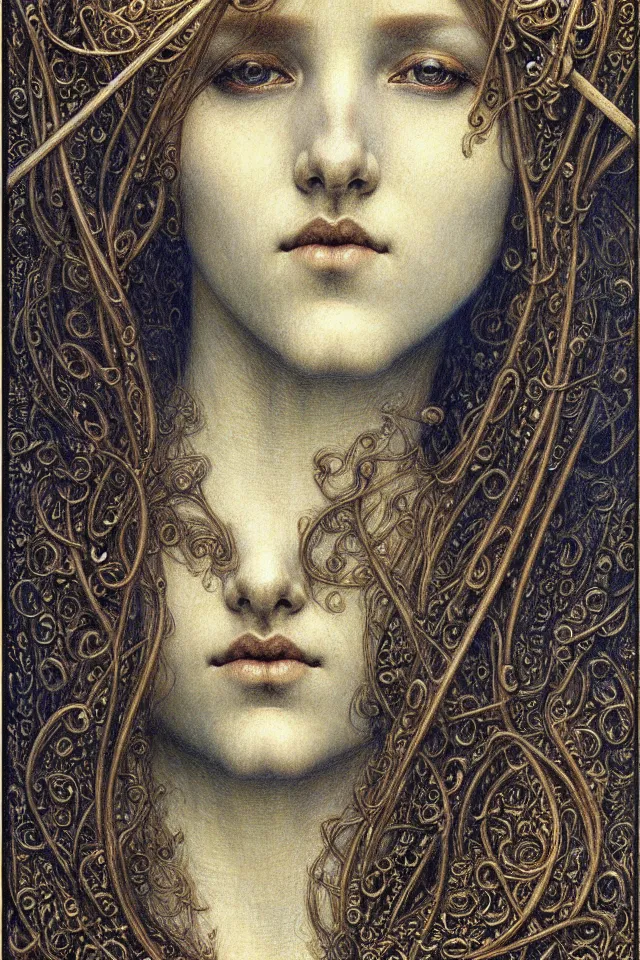 Image similar to detailed realistic beautiful young medieval queen face portrait by jean delville, gustave dore and marco mazzoni, art nouveau, symbolist, visionary, gothic, pre - raphaelite. horizontal symmetry