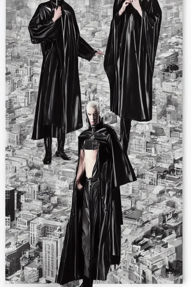 Image similar to a tall thin man with pale skin, in black latex robes by frank miller and bill sienckiwicz