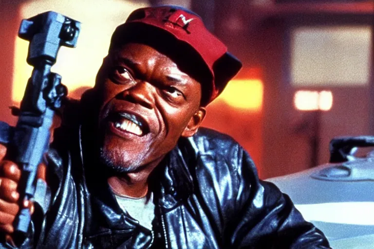 Prompt: Samuel L. Jackson plays Terminator and saves pikachu, scene from the film