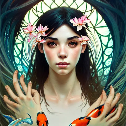 Prompt: Portrait of a girl surrounded by Koi fish, face, fantasy, intricate, elegant, highly detailed, digital painting, artstation, concept art, smooth, sharp focus, illustration, art by Fernanda Suarez and Artem Demura and alphonse mucha