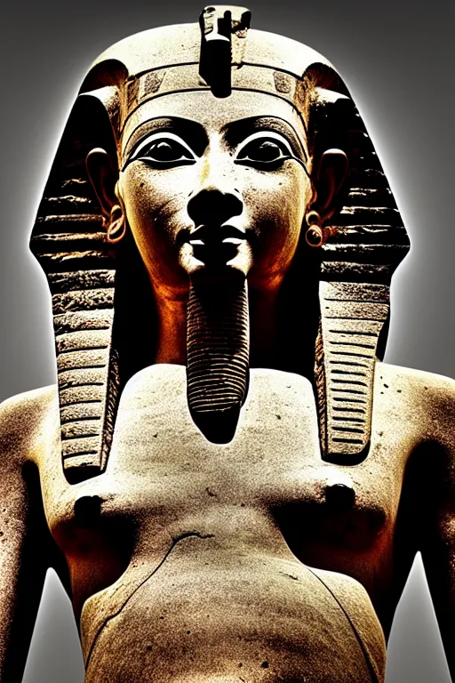 Image similar to photo of the ancient egyptian statue of biker, symmetrical, cinematic, real dlsr photography, sharp focus, 4 k, ultra hd, sense of awe, archeology journal cover