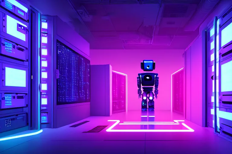 Image similar to realistic robot in a data server room, neon and dark, purple and blue color scheme, dan mumford, inception, blade runner, the fifth element, fisheye, volumetric octane render, by ruan jia and ross tran, malevich