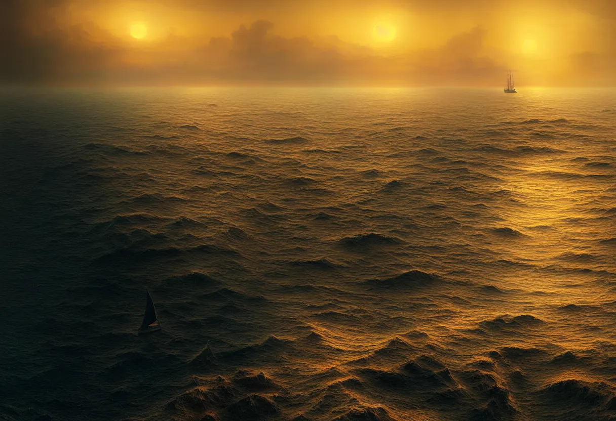 Image similar to strange sea surface of autumn planet at sunset, sailing ship on horizon, ultra high definition, ultra detailed, symmetry, fog, matte painting, by greg rutkowski and ross tran and wlop