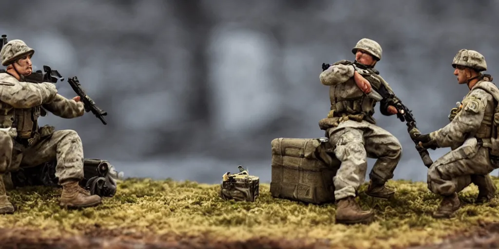 Prompt: soldier and dice, wide lens, diorama, 4k,