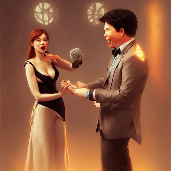 Image similar to michael mcintyre flirting with a singing waitress, elegant, real life skin, intricate artwork, high detailed, artstation, concept art, smooth, sharp focus, art by artgerm and greg rutkowski