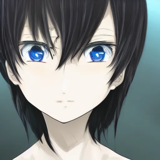 Image similar to high detailed anime portrait of man, black hair, short hair, blue eyes