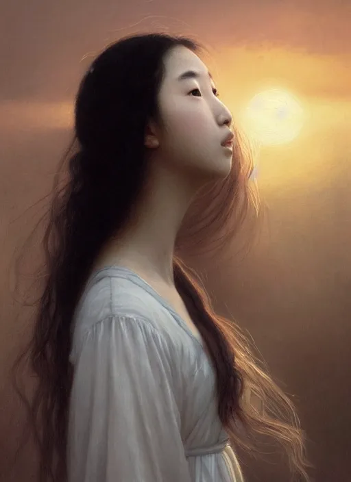 Prompt: oil painting close up portrait of a contemplative young asian woman with long dark flowing hair in a dress made of white roses!! at sunset, hazy, digital art, chiaroscuro, artstation, cinematic, golden hour, digital art painting by greg rutkowski, william - adolphe bouguereau, hazy atmosphere, cinematic lighting