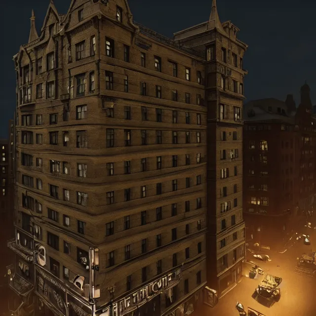 Image similar to action scene painting of a 1 9 2 0 s gothic style hotel in downtown boston, overlooking a dark street, architectural, atmospheric lighting, brooding, painted, intricate, ultra detailed, well composed, best on artstation, cgsociety, epic, horror, stunning, gorgeous, intricate detail, much wow, masterpiece, cinematic aesthetic octane render, 8 k hd resolution,