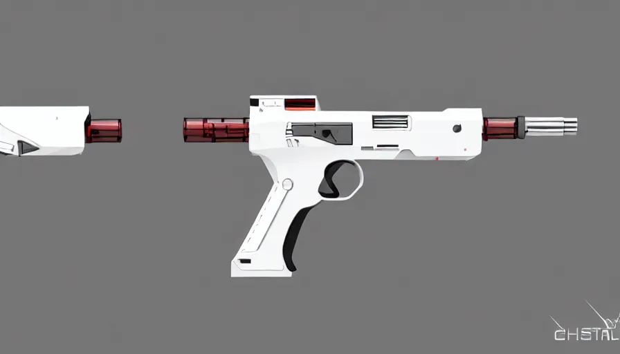 Image similar to extremely detailed ultra realistic photographic side view minimalist magnum pistol coilgun, detailed trigger, chemically propelled, battery, smooth streamline, battery and wires, railgun, chemrail, gauss, elegant sleek smooth body, white paint, smooth utopian design, ultra high quality, octane, artstation, destiny, warframe, terminator