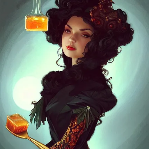 Image similar to very cute Miranda Kirr eating fork covered in honey wearing black-crimson silk dress, D&D, fantasy, intricate, elegant, highly detailed, digital painting, artstation, concept art, matte, sharp focus, illustration, hearthstone, art by Artgerm and Greg Rutkowski and Alphonse Mucha