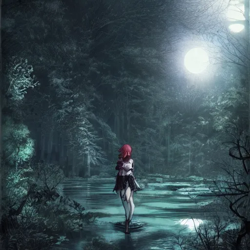 Image similar to goth woman in a moonlight view, in a forest, a river, tankoban, 4 k, tone mapping, akihiko yoshida, james jean andrei riabovitchev marc simonetti, yoshitaka amano, long hair, curly, h. hydrochaeri