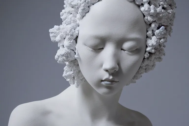 Prompt: full head and shoulders, beautiful female porcelain sculpture by daniel arsham and james jean, smooth, all white features on a white background, delicate facial features, white eyes, white lashes, detailed white, lots of 3 d giant twisting flower hair