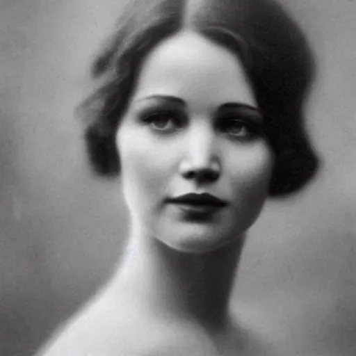 Image similar to headshot edwardian photograph of jennifer lawrence, angelina jolie, 1 9 2 0 s film actress, realistic face, 1 9 1 0 s, grainy, victorian, soft blur