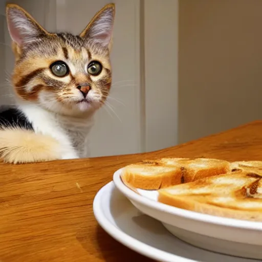 Prompt: noodles on toast cat watching over the food