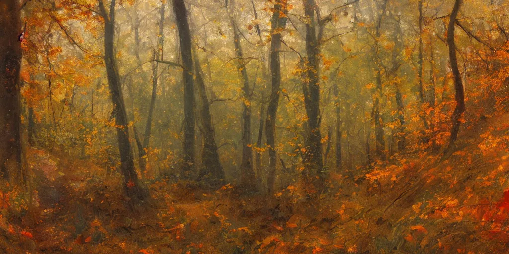Prompt: the leaves start to turn to the color of your hair, oil on canvas, close - up of a woman's hair, from the back, styled in long waves with shades of yellow and red, many leaves and branches in the foreground, in a forest in autumn, by jeremy lipking, craig mullins