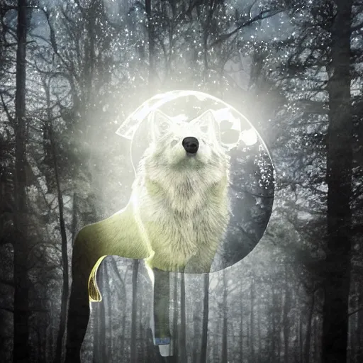 Prompt: a transparent glass wolf with moon shining through it, fantasy art, style of boris, high definition, lens flares