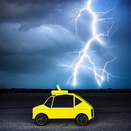 Image similar to futuristic flying car in surrounded by a circle made of lightning, in the sky, thunderstorm at night, 28mm dramatic photo
