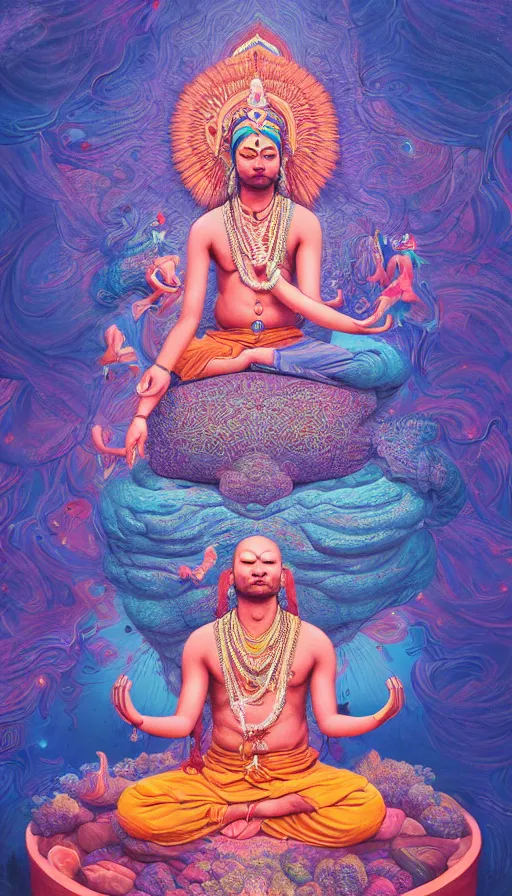 Prompt: indian master, meditation, universe, dream, highly detailed, digital painting, refreshing, trending on artstation, octane render, hyper realistic, illustration by james jean