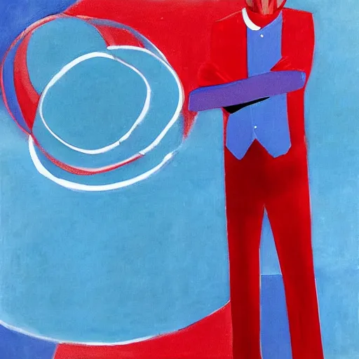 Image similar to A beautiful conceptual art of a man in a red suit with a blue background. The man's eyes are closed and he has a serene, content look on his face. His arms are crossed in front of him and he appears to be floating in space. The blue background is swirling with geometric shapes and patterns. by Clive Madgwick bleak, rigorous