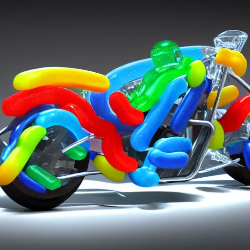 Image similar to motorcycle made out of candy and gummy bears, global illumination, photorealistic