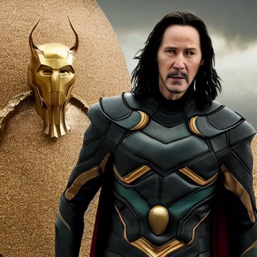 Image similar to film still of Keanu Reeves as Loki wearing the horned helmet in Avengers Endgame