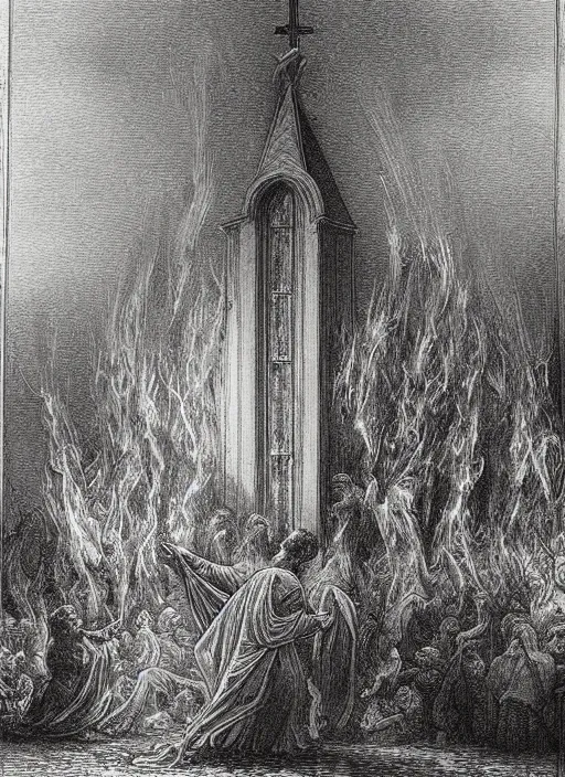 Image similar to A church burning down with angels pouring water down onto the church, painted by Gustave Dore