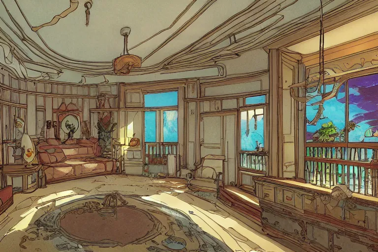 Image similar to interior wide angle shot of a fantasy coastal villa in the style of studio ghibli, moebius, makoto shinkai